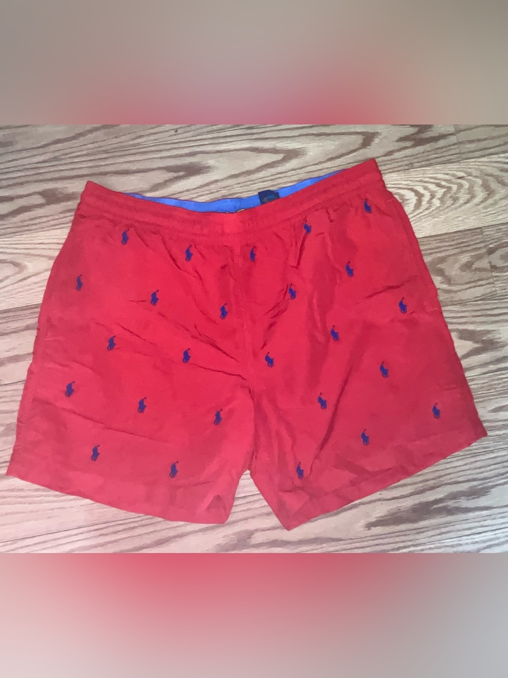 Polo Ralph Lauren Men's red All Over Pony Logo Swim Trunks Size L Drawstring